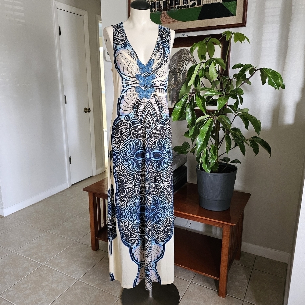 NWOT Oneworld Y2K boho butterflies sleeveless v-neck maxi dress Size S